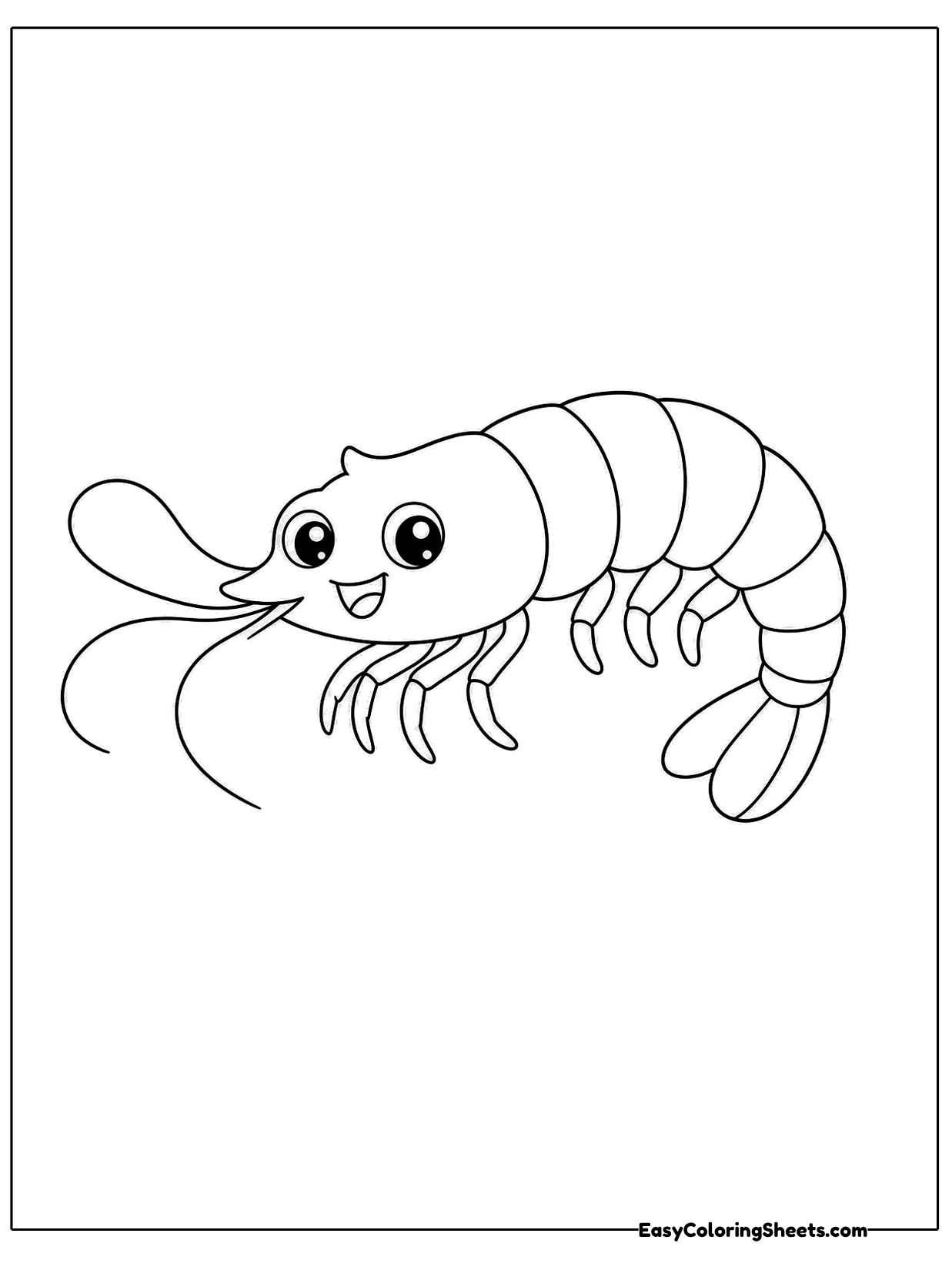 A friendly shrimp curves its body into a gentle arc with feathery feelers stretching forward.