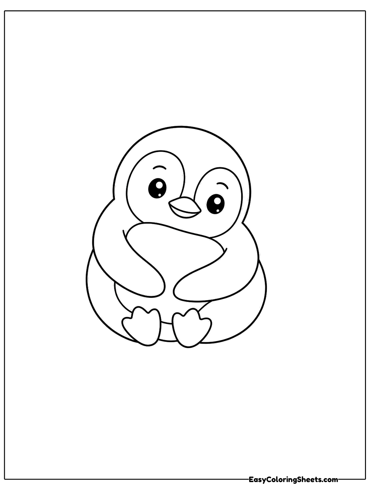 A cuddly penguin sits and wraps its flippers around its belly.
