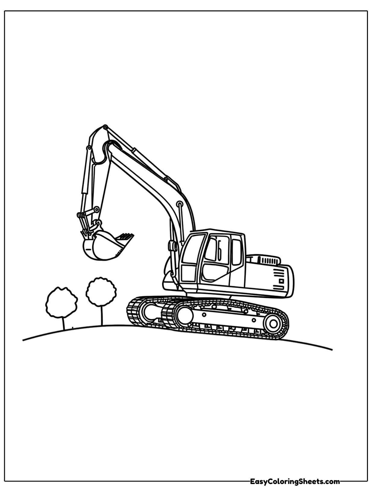 An excavator works on a grassy hillside with small trees in the background.