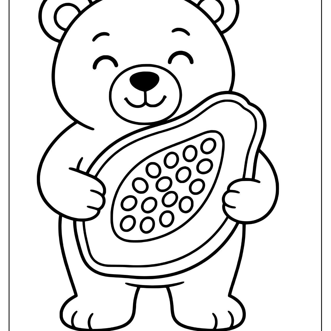 Smiling bear holding a big papaya half with seeds