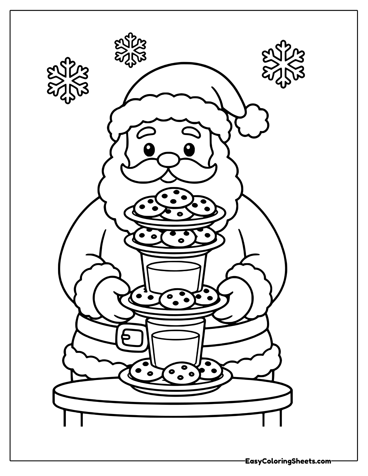 Santa balances several plates piled high with round cookies on this sweet holiday sheet.