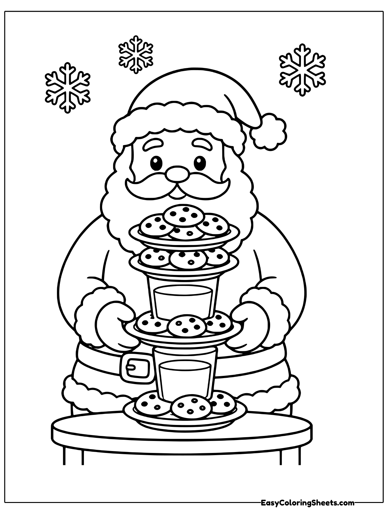 Santa balances several plates piled high with round cookies on this sweet holiday sheet.