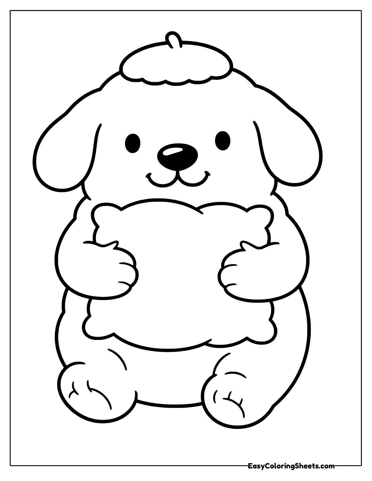 Pompompurin the dog sitting and hugging a fluffy pillow