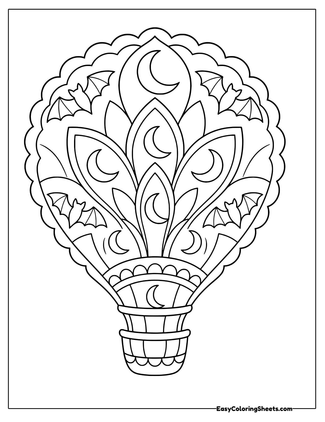 Hot air balloon mandala with crescent moons, petals, bats and a woven basket