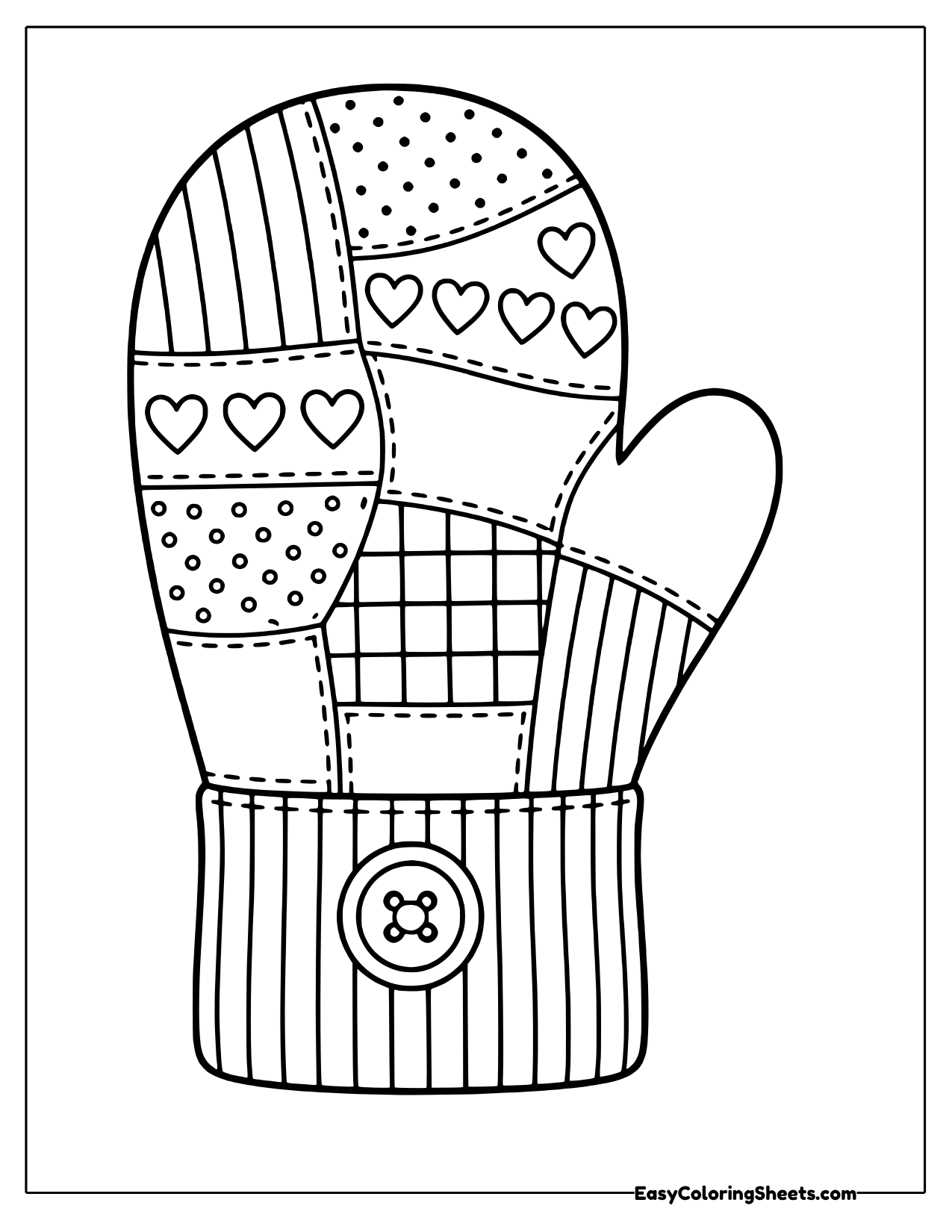 A mitten made of patchwork squares, each with its own pattern of dots, checks and stripes, sits on a cuff with a big button.