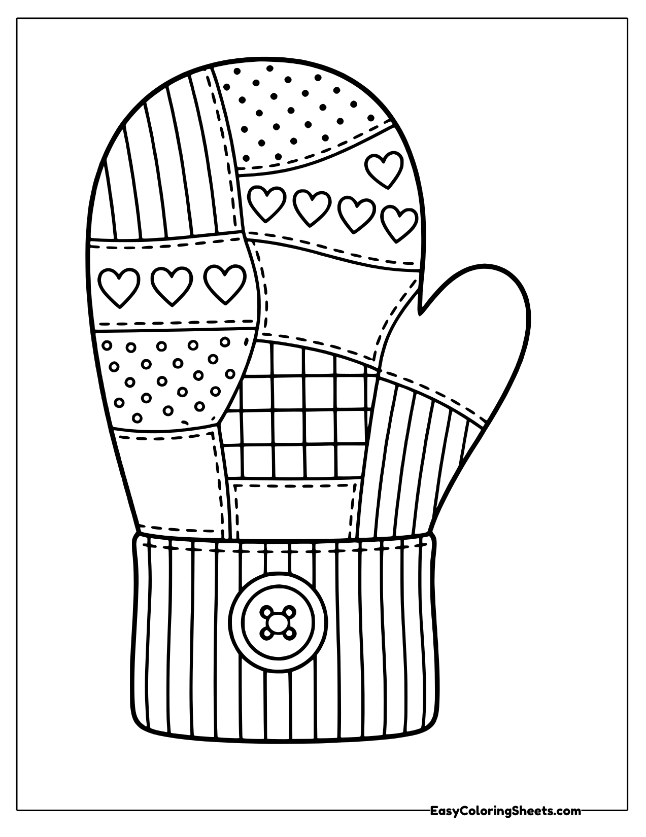 Patchwork mitten with a button cuff
