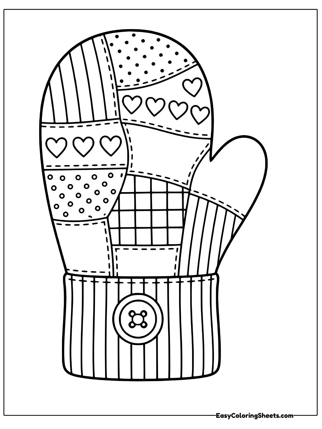 A mitten made of patchwork squares, each with its own pattern of dots, checks and stripes, sits on a cuff with a big button.