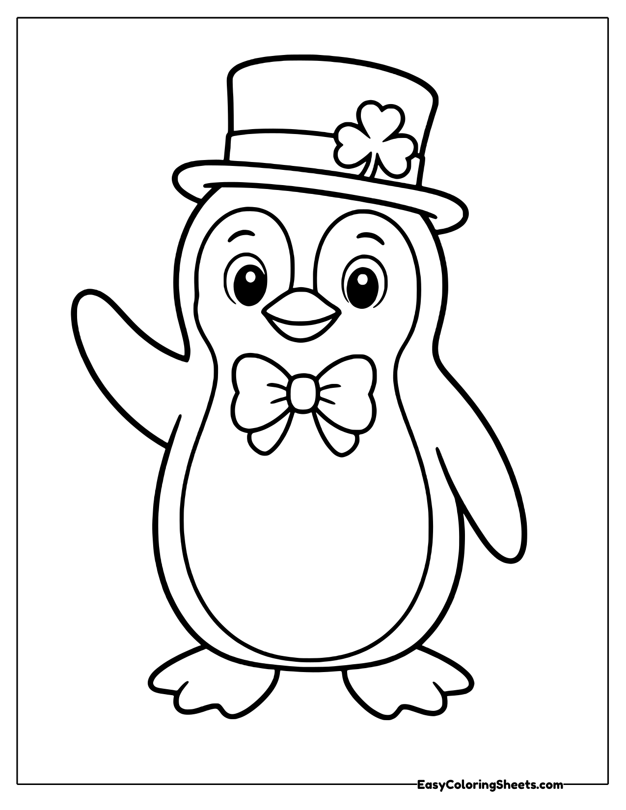 Waving penguin in a leprechaun hat with a shamrock and a bow tie