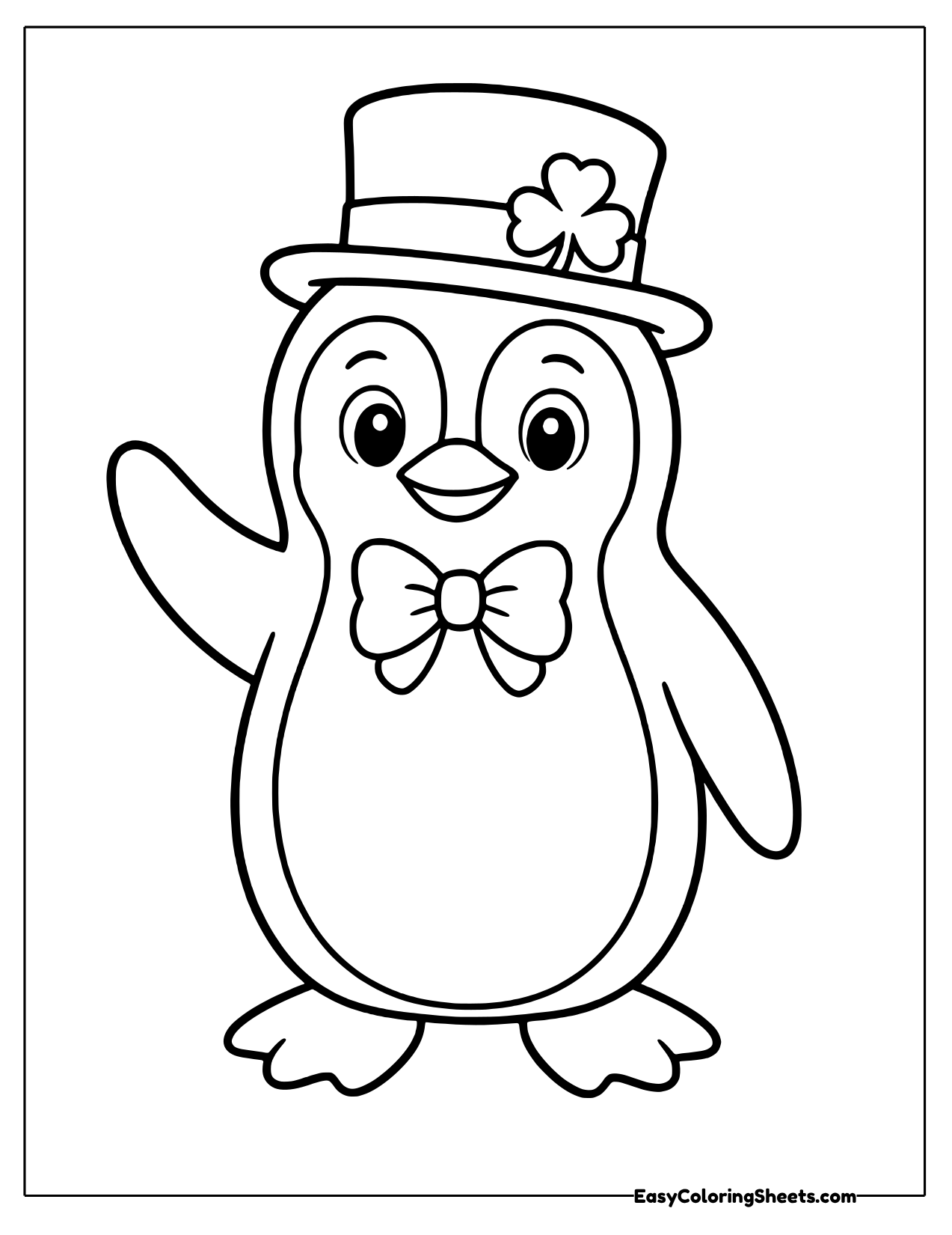 Waving penguin in a leprechaun hat with a shamrock and a bow tie