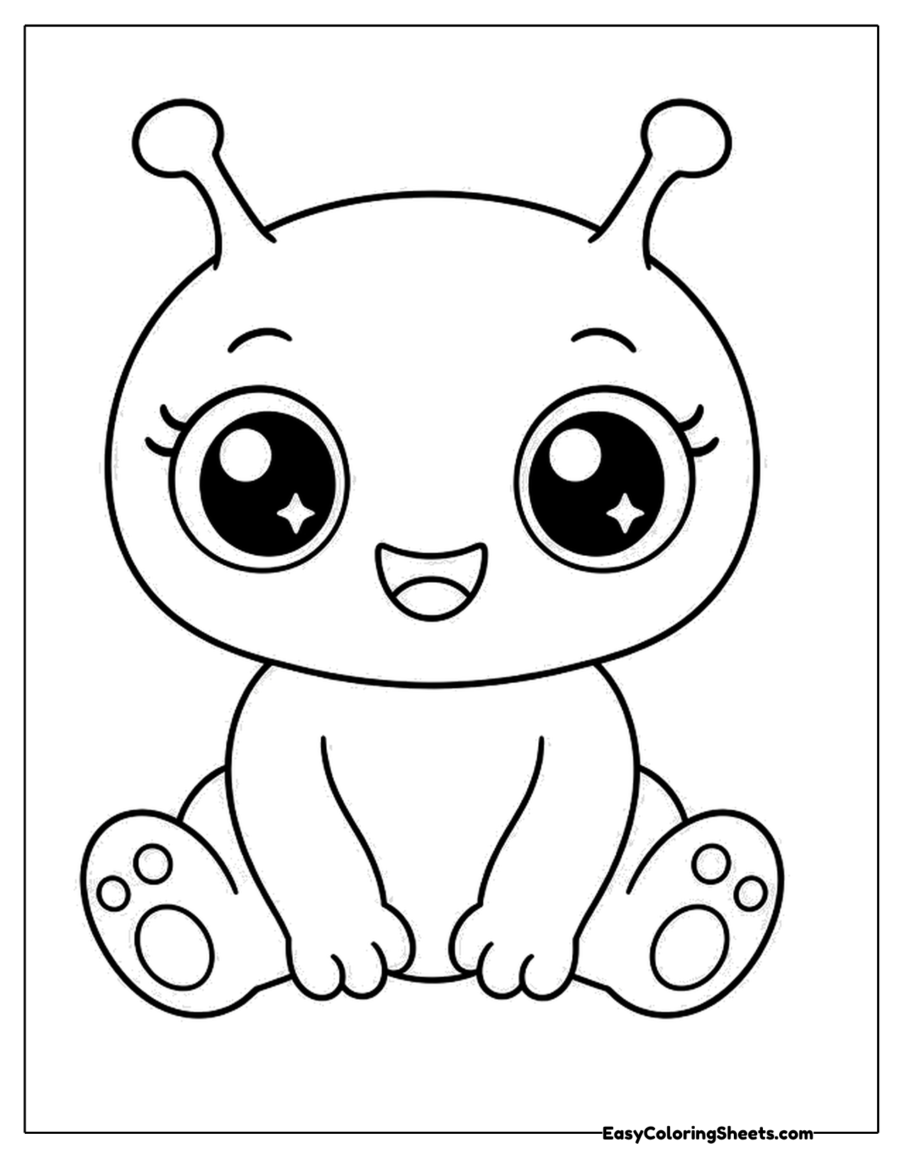 Baby alien with huge sparkly eyes sitting down