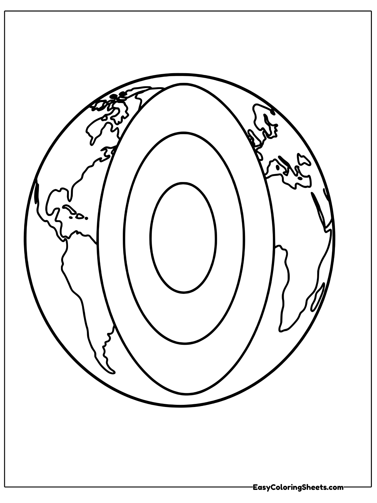A round Earth is cut open to show rings inside, like the crust, mantle and core.