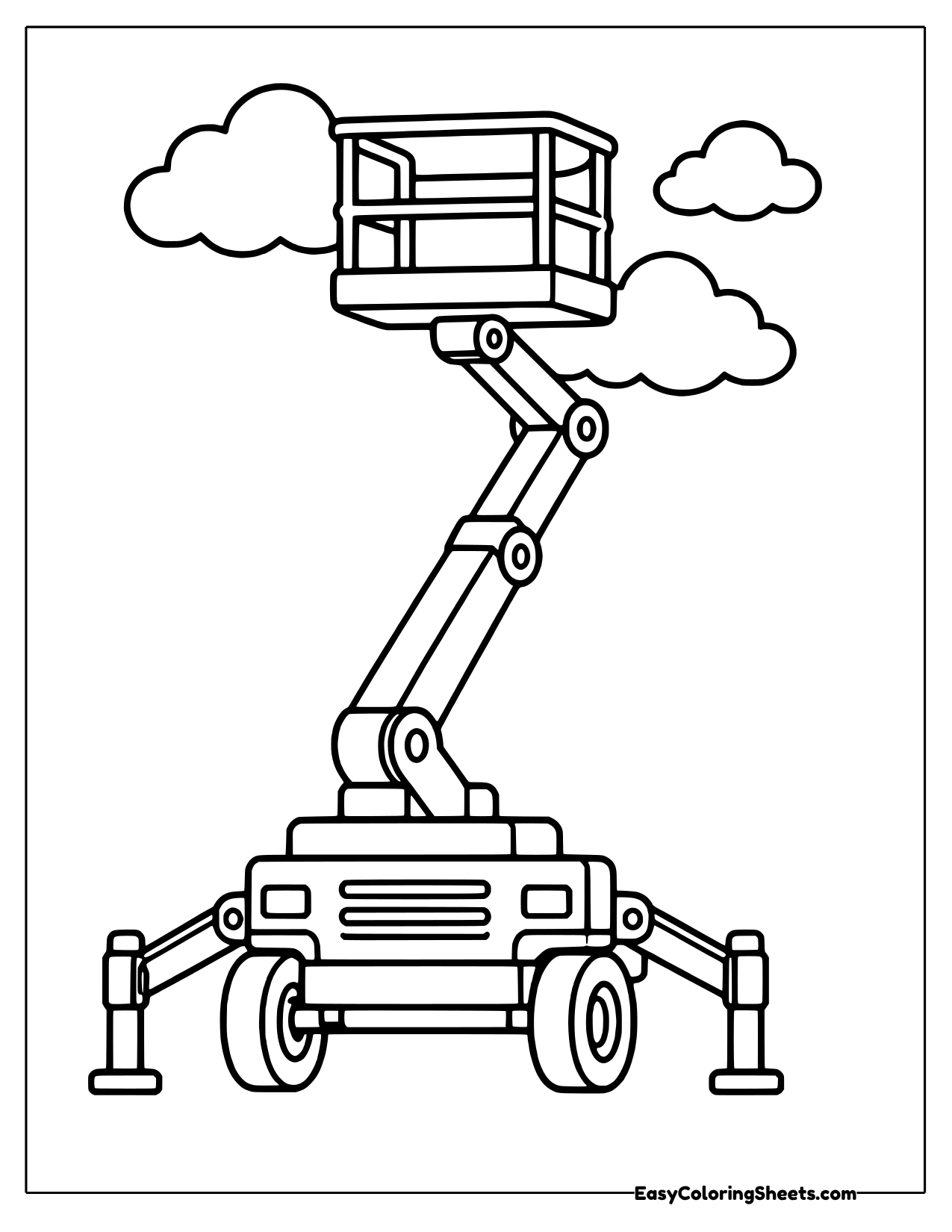 A cherry picker raises a work basket high on a long folding arm, with clouds floating around it.