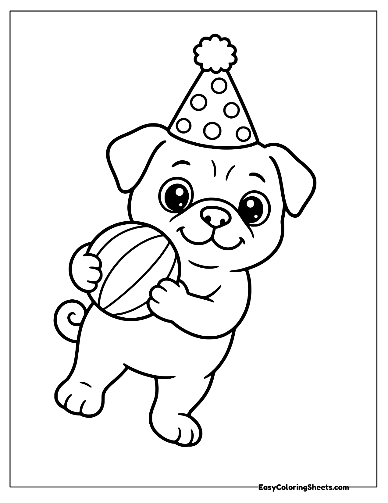 Playful pug in a party hat trotting with a striped ball