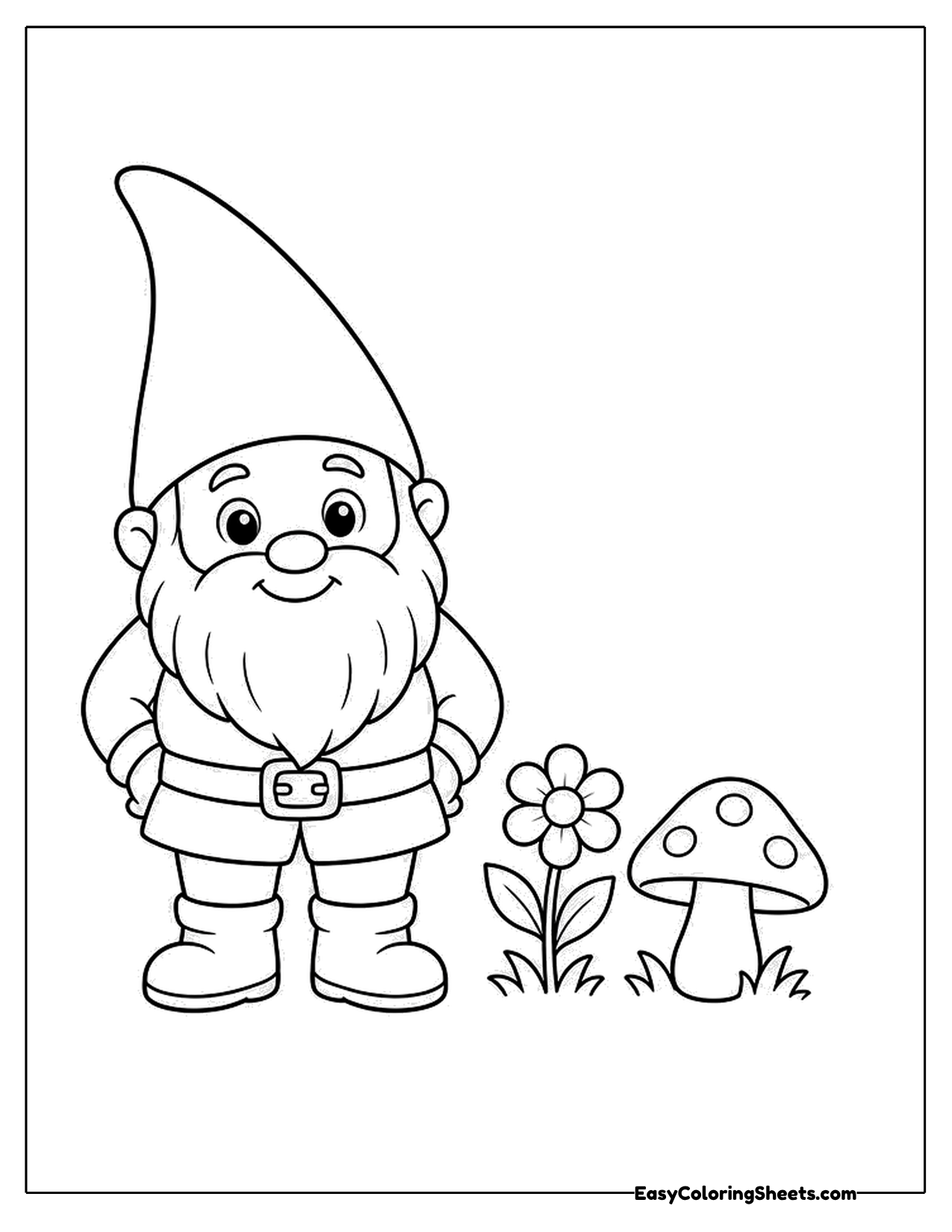Garden gnome beside a spotted mushroom and a daisy