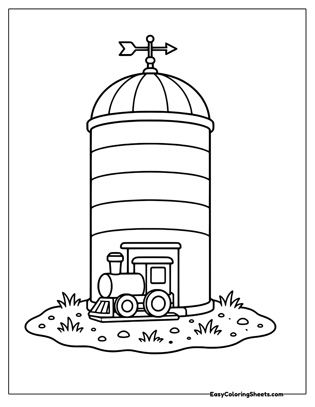 A small steam engine sits at the base of a tall grain silo topped with a dome and weathervane.