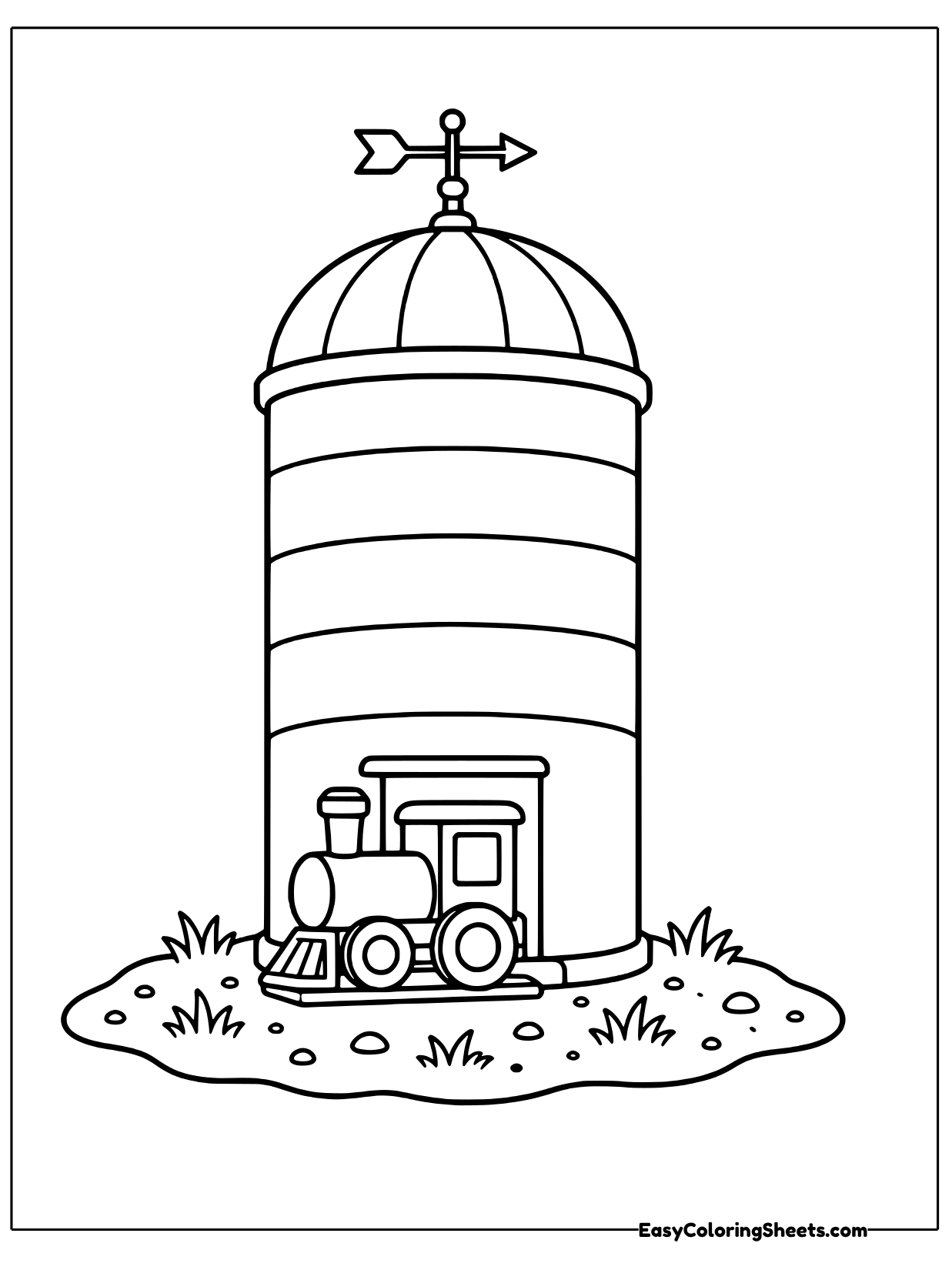 A small steam engine sits at the base of a tall grain silo topped with a dome and weathervane.