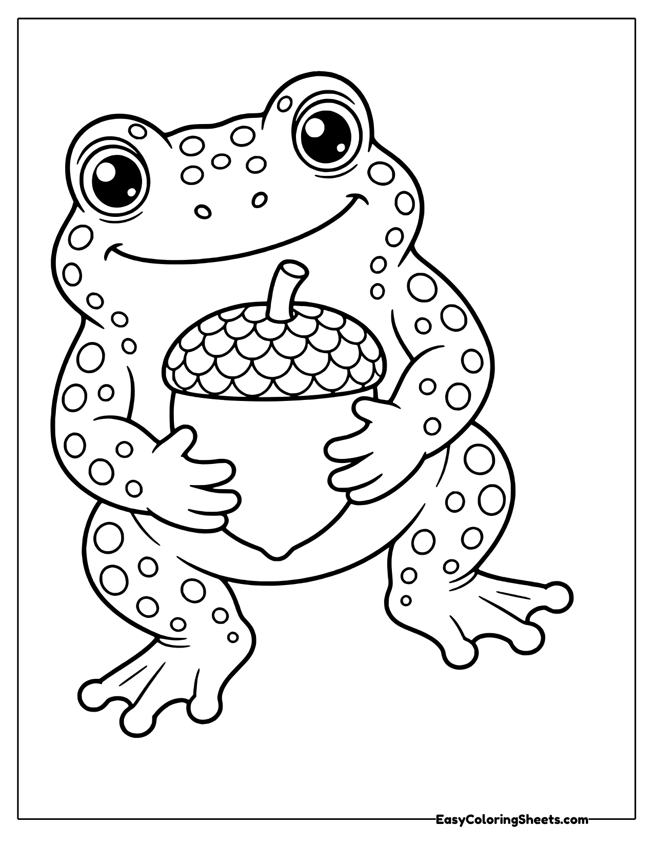 Chubby bumpy toad hugging a big acorn with a scaly cap
