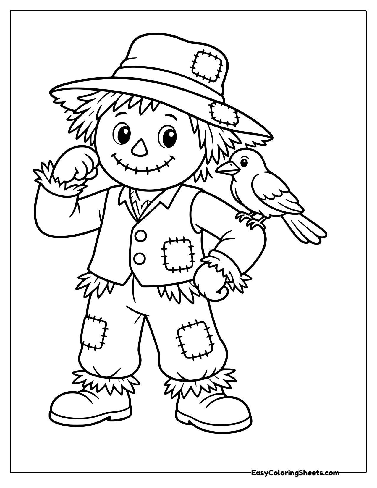 A crow has landed right on this scarecrow's arm, completely unbothered.