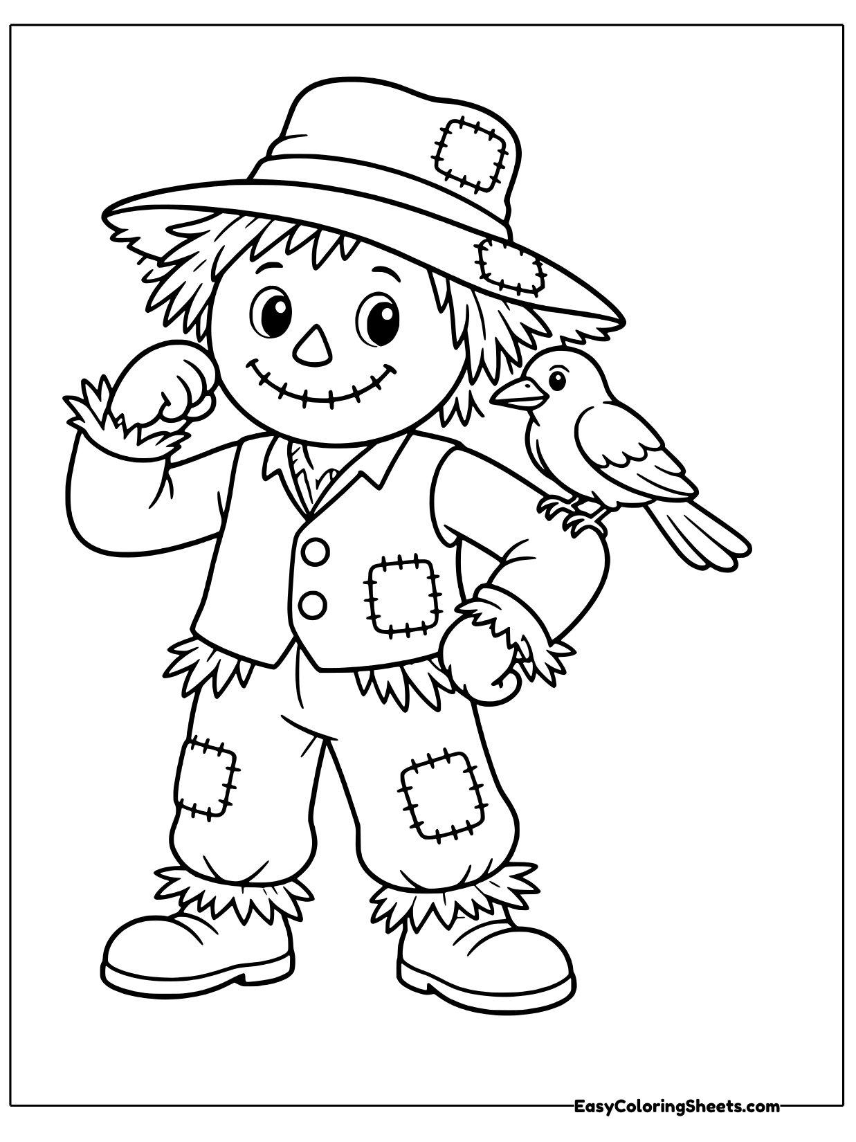 A crow has landed right on this scarecrow's arm, completely unbothered.