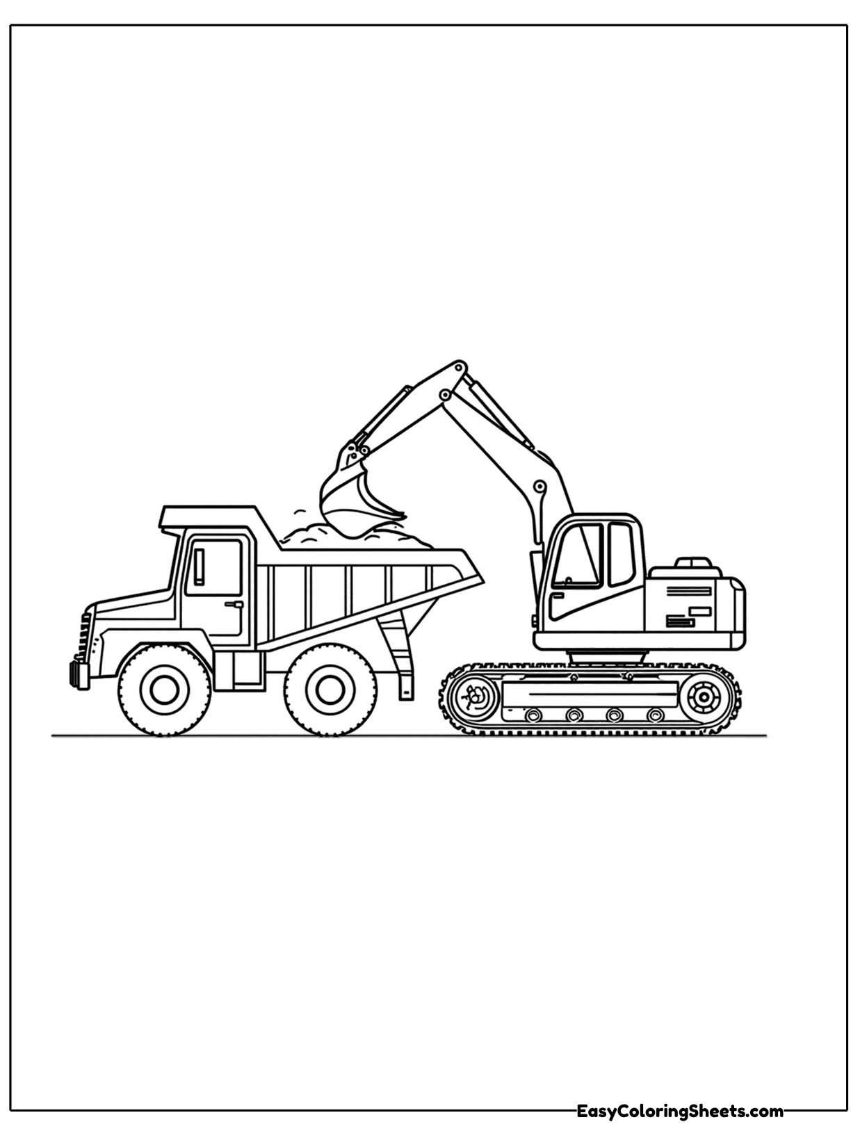 An excavator scoops dirt into the back of a waiting dump truck.