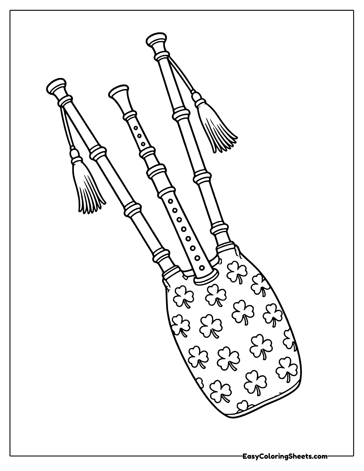 Bagpipes with a shamrock covered bag, tall drone pipes and tassels