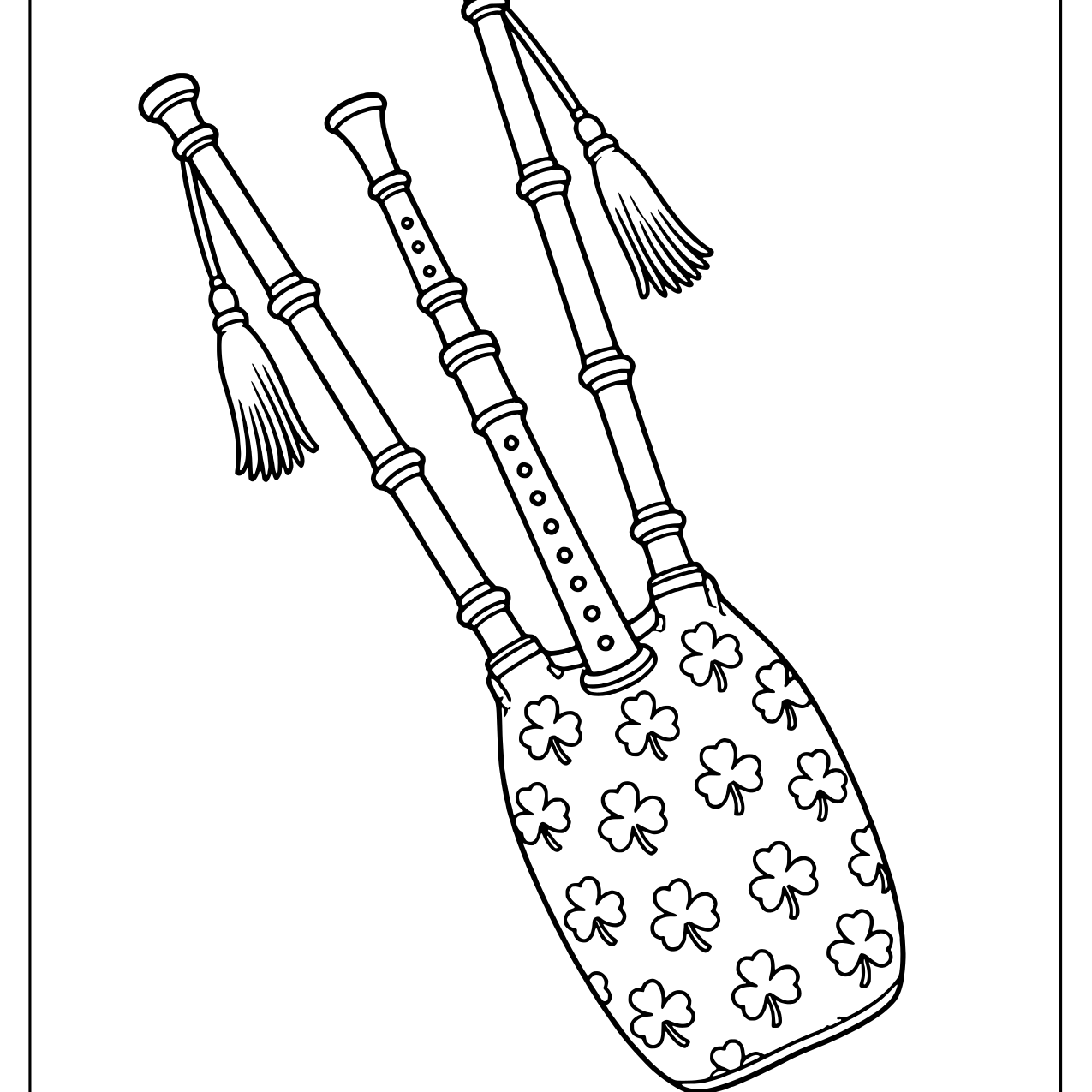 Bagpipes with a shamrock covered bag, tall drone pipes and tassels