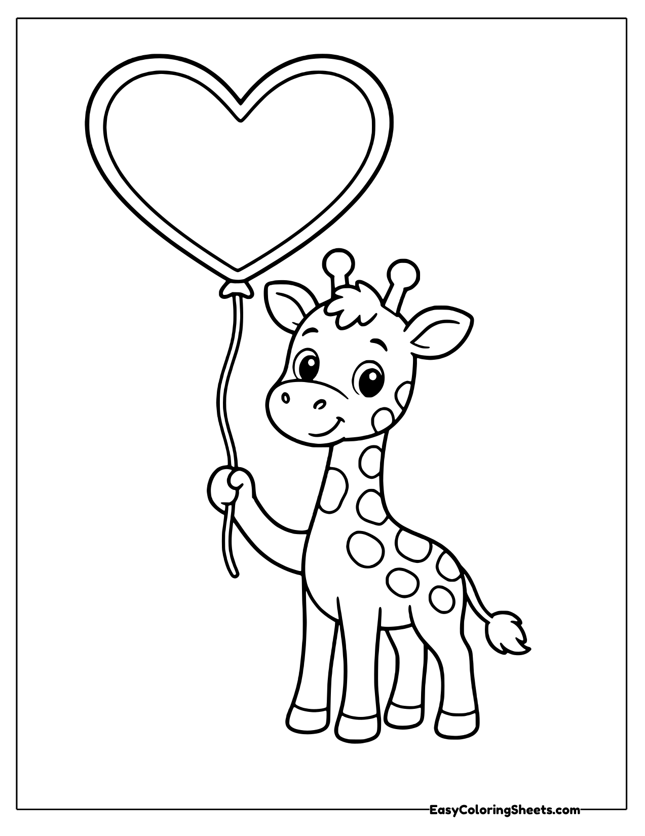 Spotted giraffe holding a big heart balloon on a string