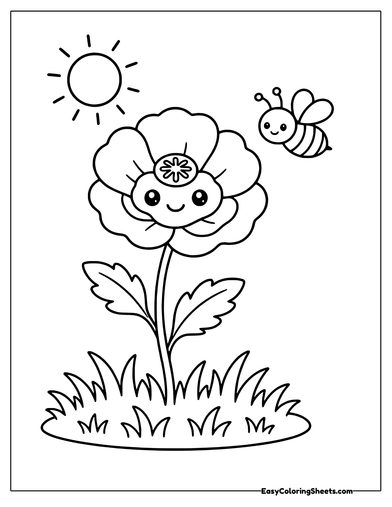 Smiling poppy on a grassy patch under the sun