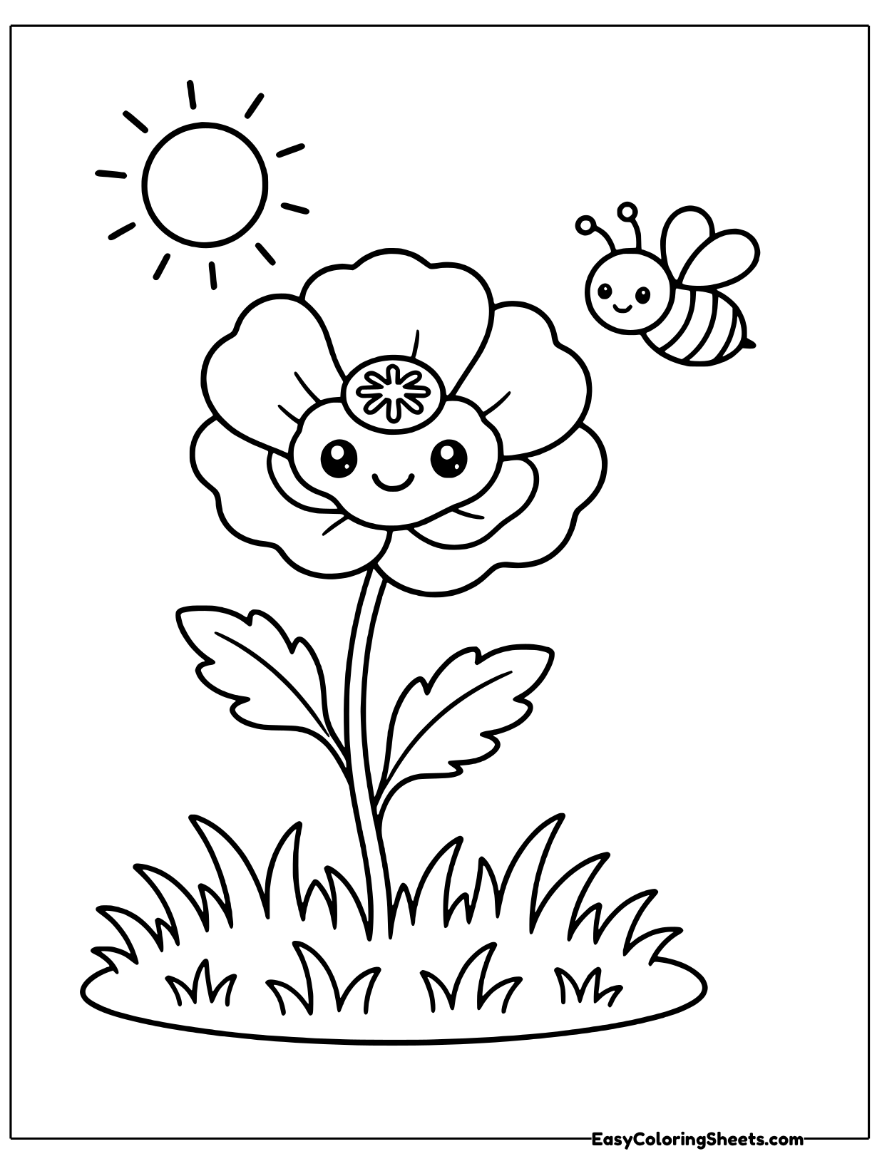 A round poppy with a sweet face blooms above jagged leaves and a tuft of grass.