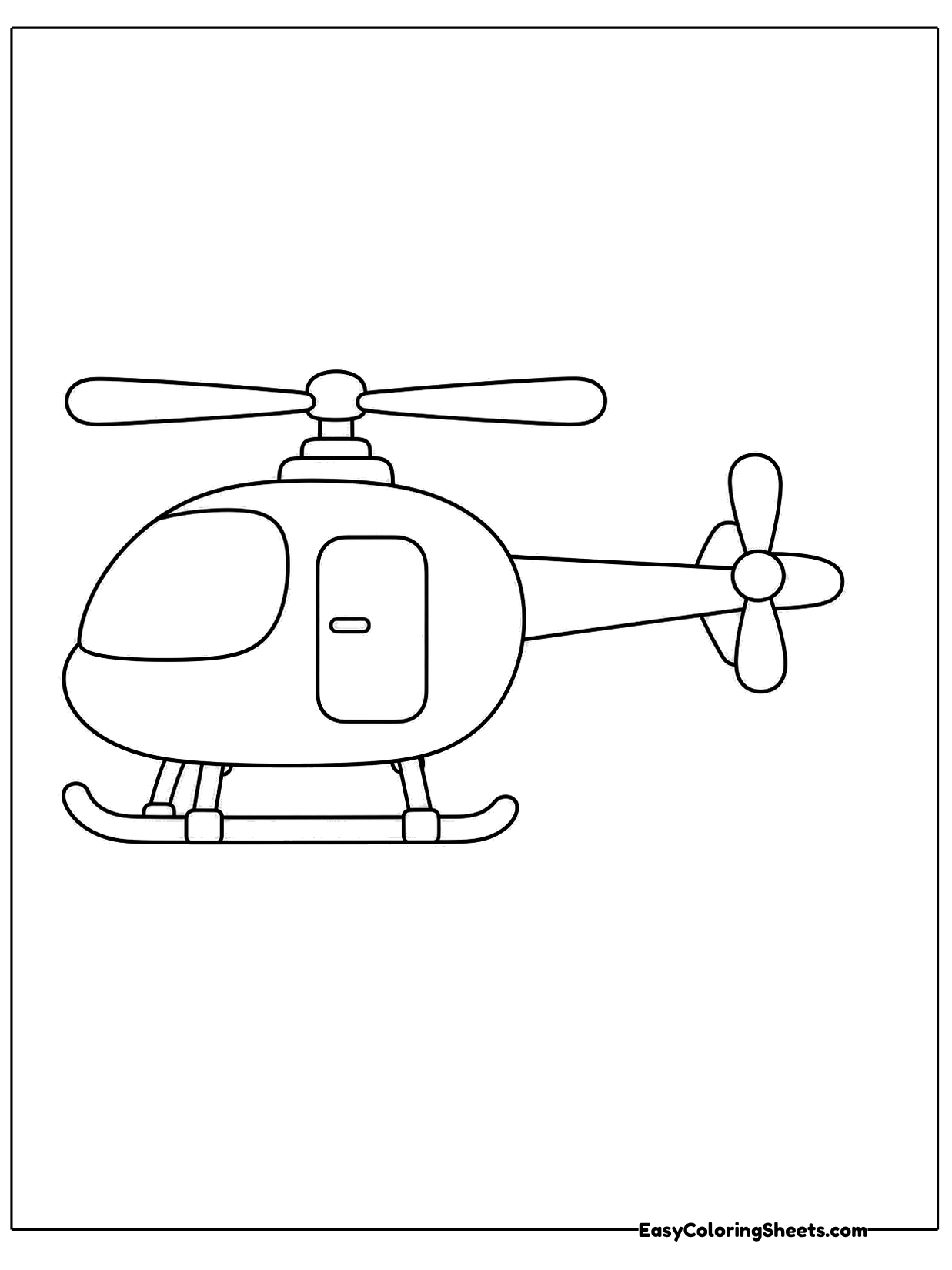This simple helicopter has a rounded cabin with a door and window, a slim tail boom and two landing skids.