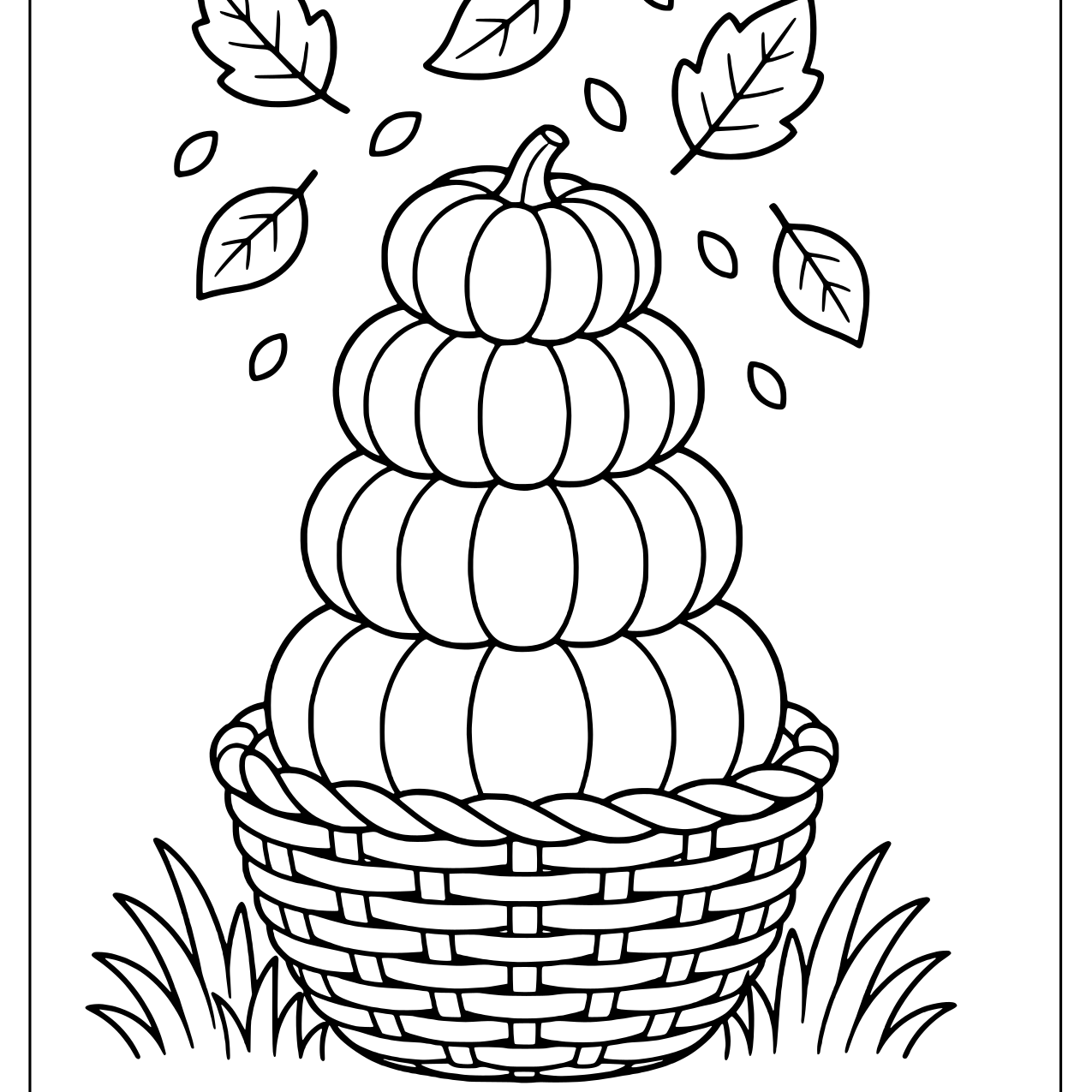 Basket with a tower of stacked pumpkins