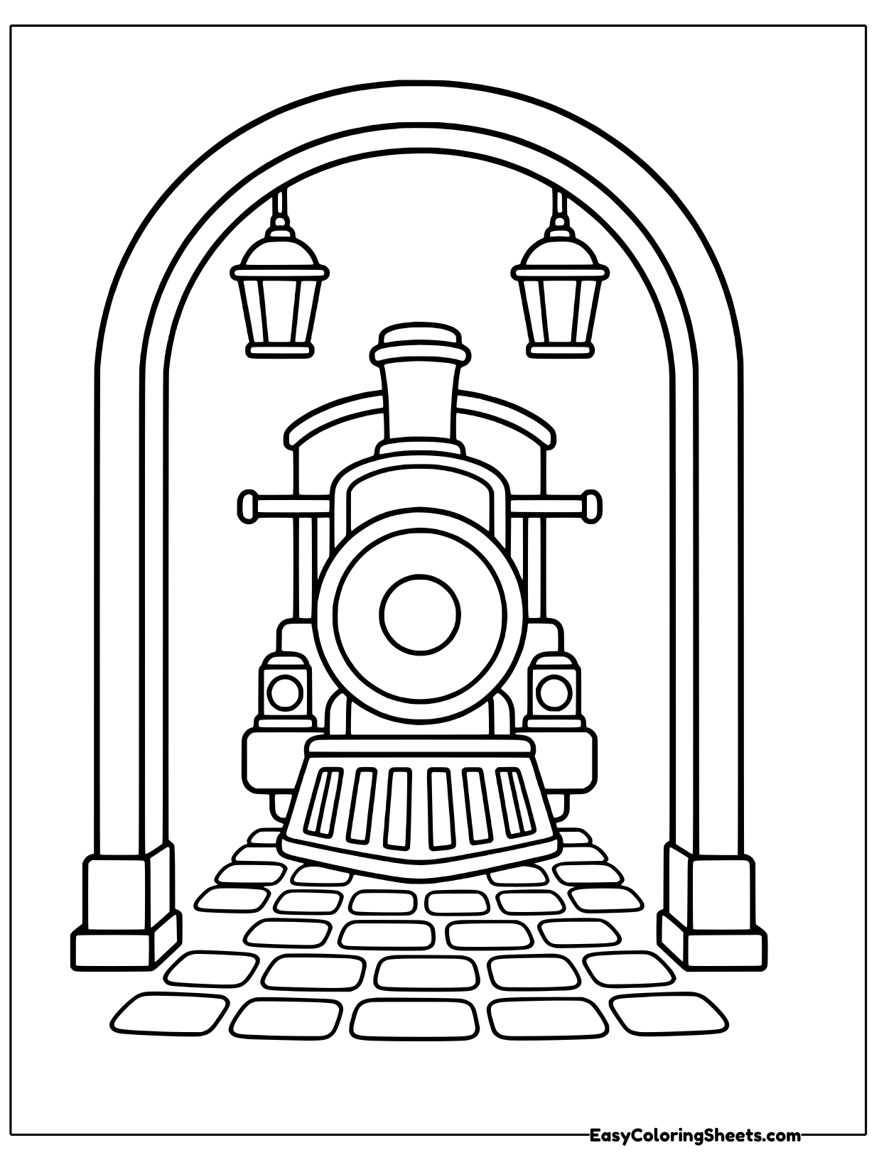 A steam locomotive faces the viewer from inside a tall arched roundhouse with lanterns hanging on each side.