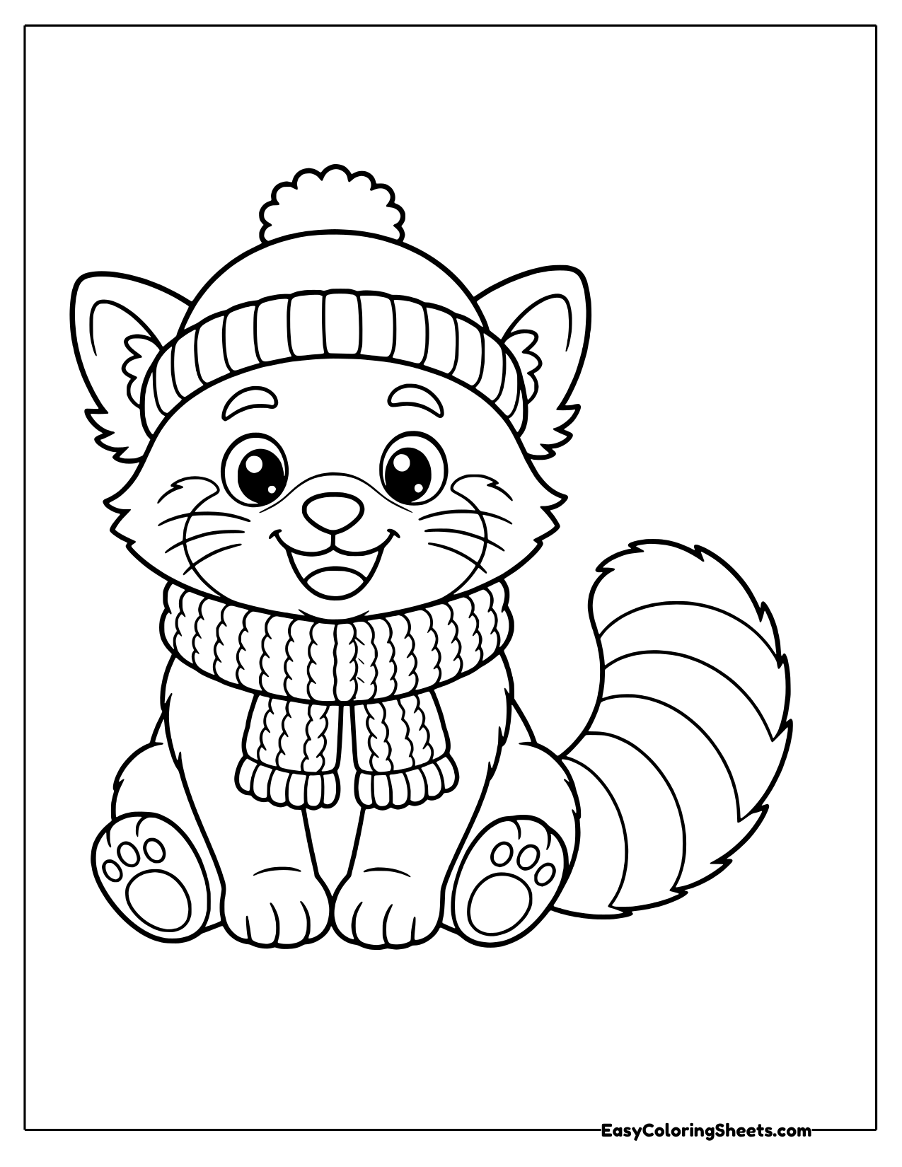 Sitting red panda wearing a knit beanie with a pom pom and a ribbed scarf