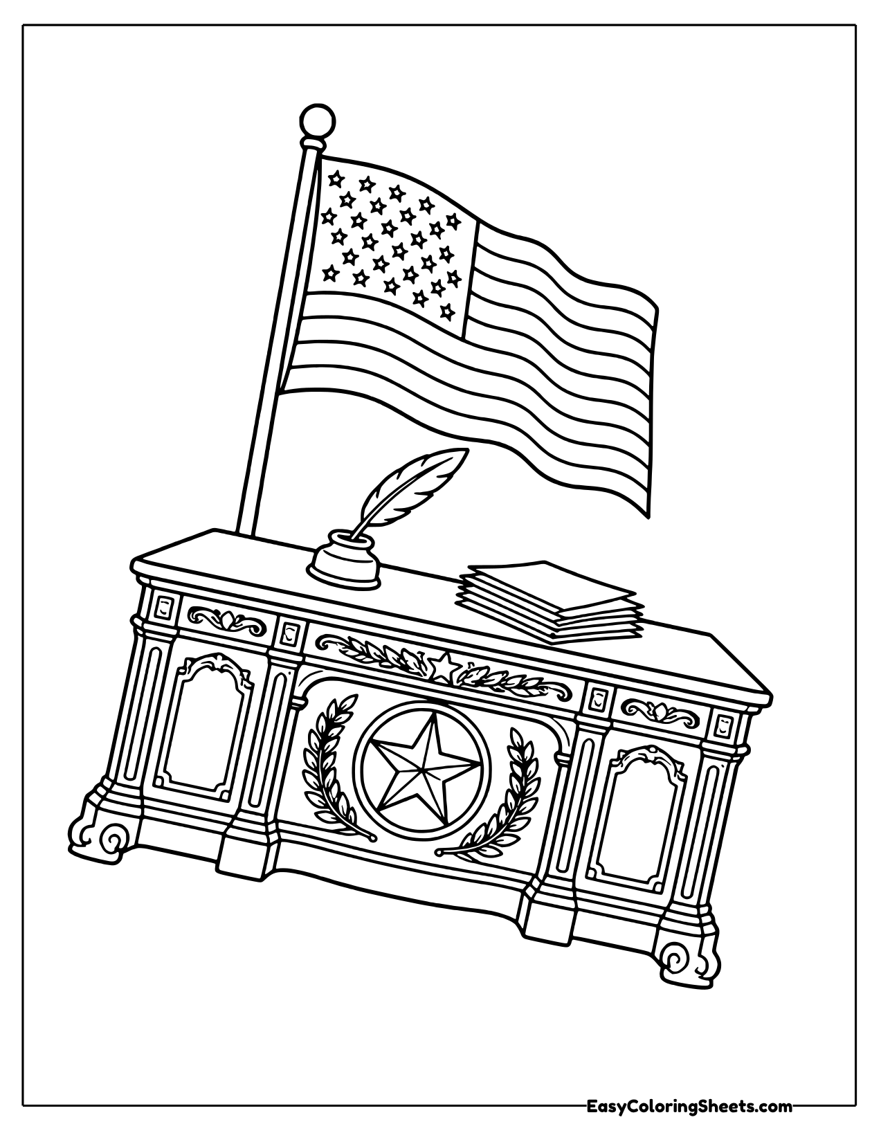 Ornate wooden desk with a quill, papers, a star seal and an American flag