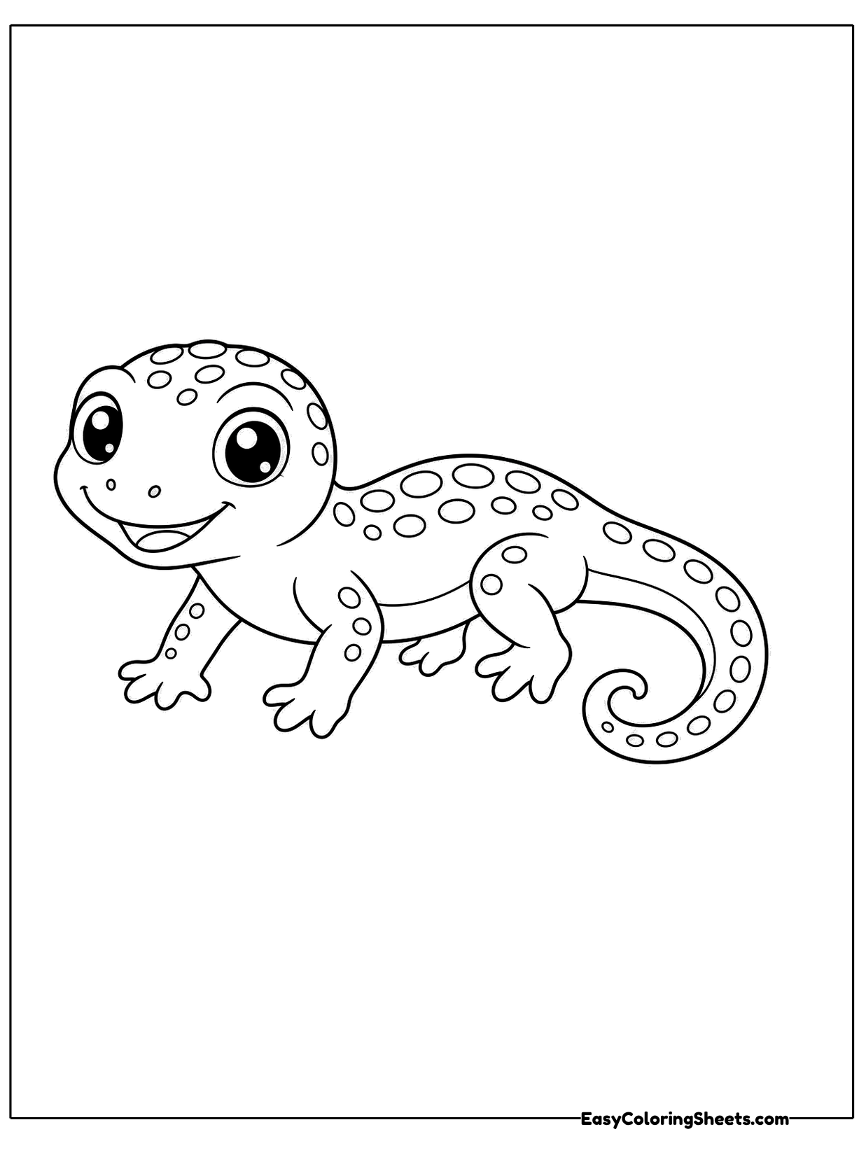 A smiling spotted lizard stands on four legs with its long tail rolled into a neat curl behind it.