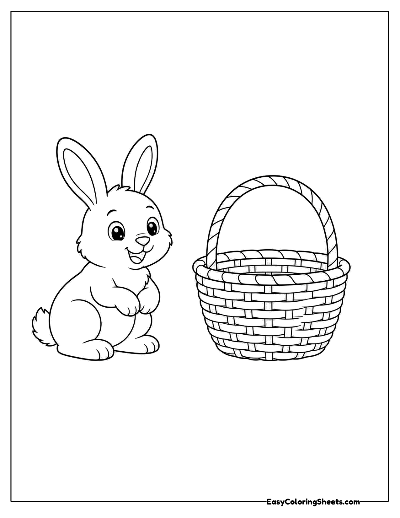 Bunny standing next to a woven basket with a handle