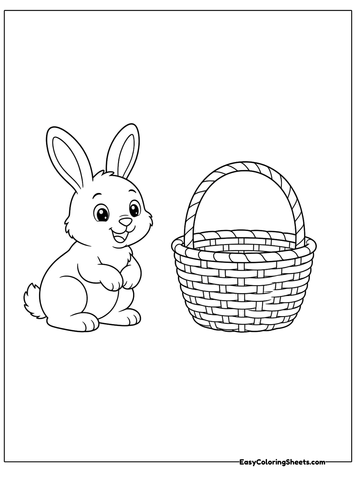 A bunny stands next to an empty woven basket with a tall handle.