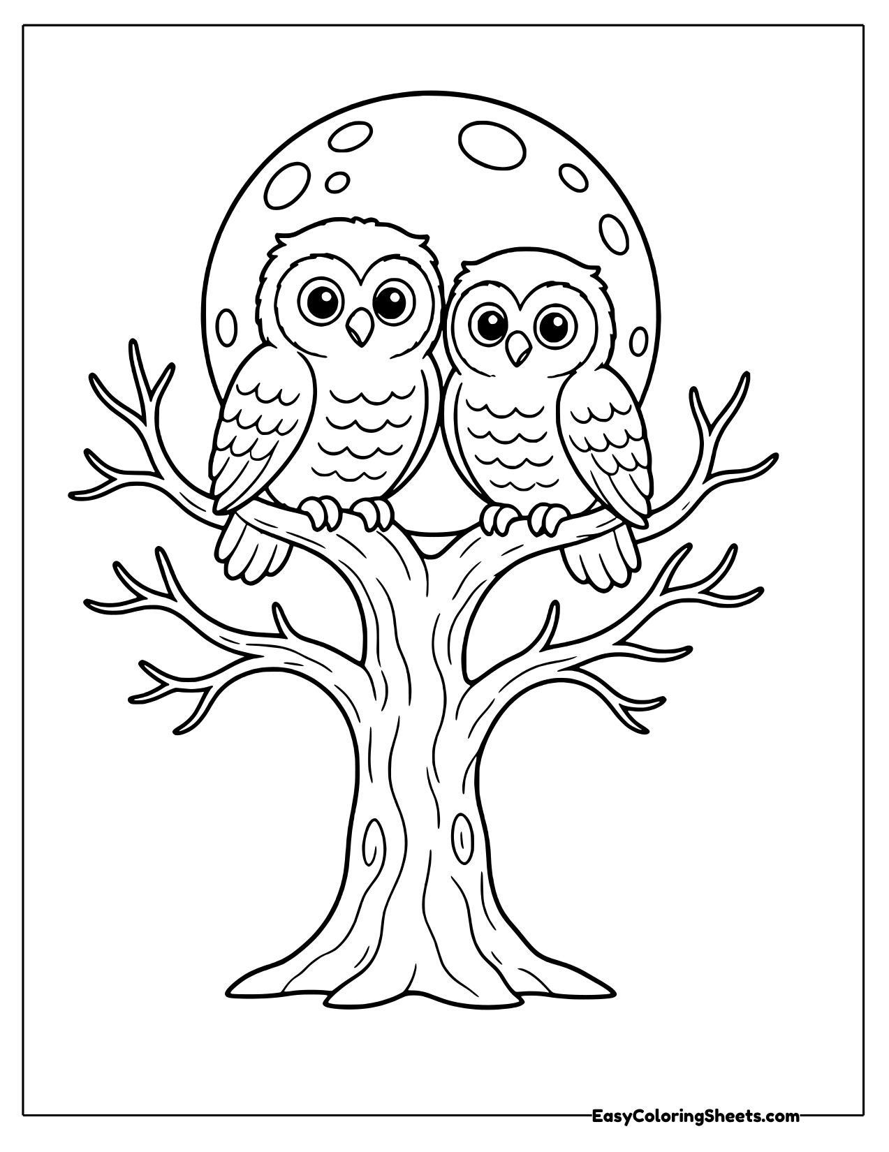 Two owls snuggled on a tree branch in front of a full moon