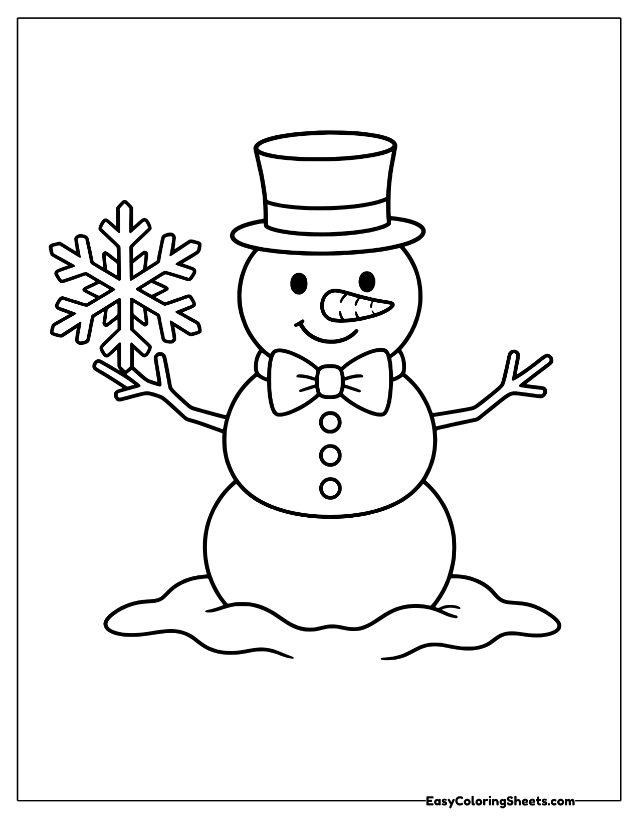 Snowman in a bow tie holding a snowflake
