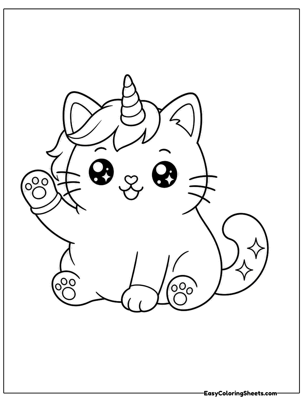 A fluffy kitten with a unicorn horn on its head, big sparkly eyes and a curled tail sits and waves one paw.