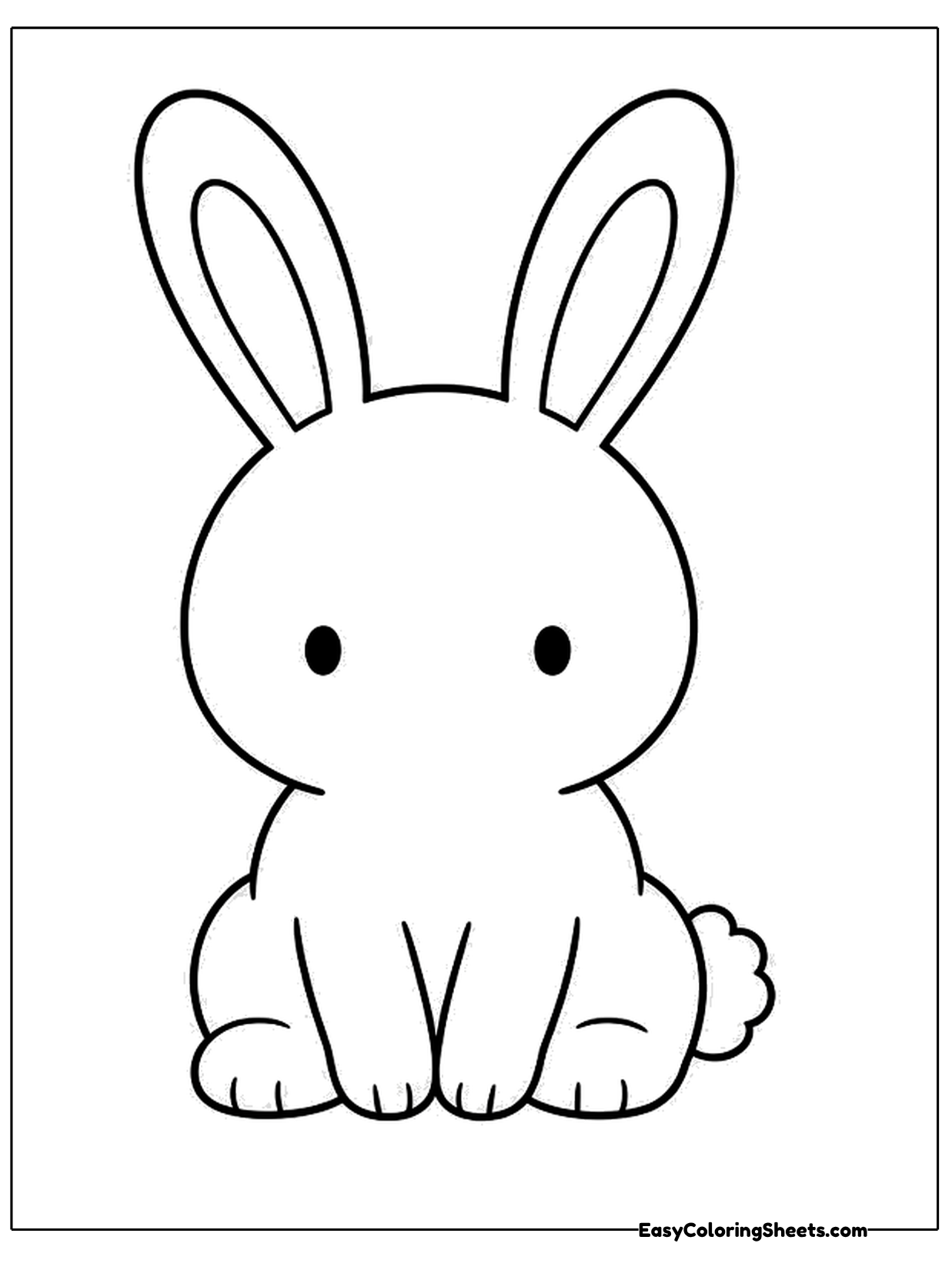 A simple bunny sits on the ground with long ears up, two dot eyes and a tiny smile.