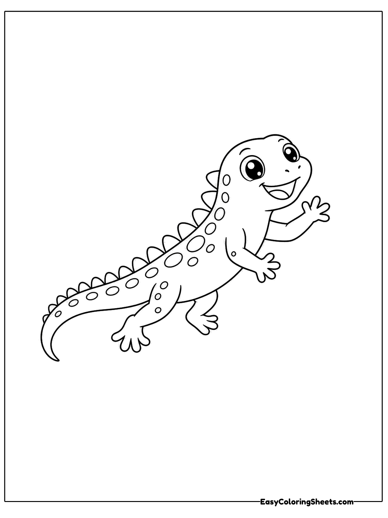 A spotted lizard springs upward on a diagonal, front leg raised high and tail swinging behind as if jumping for joy.