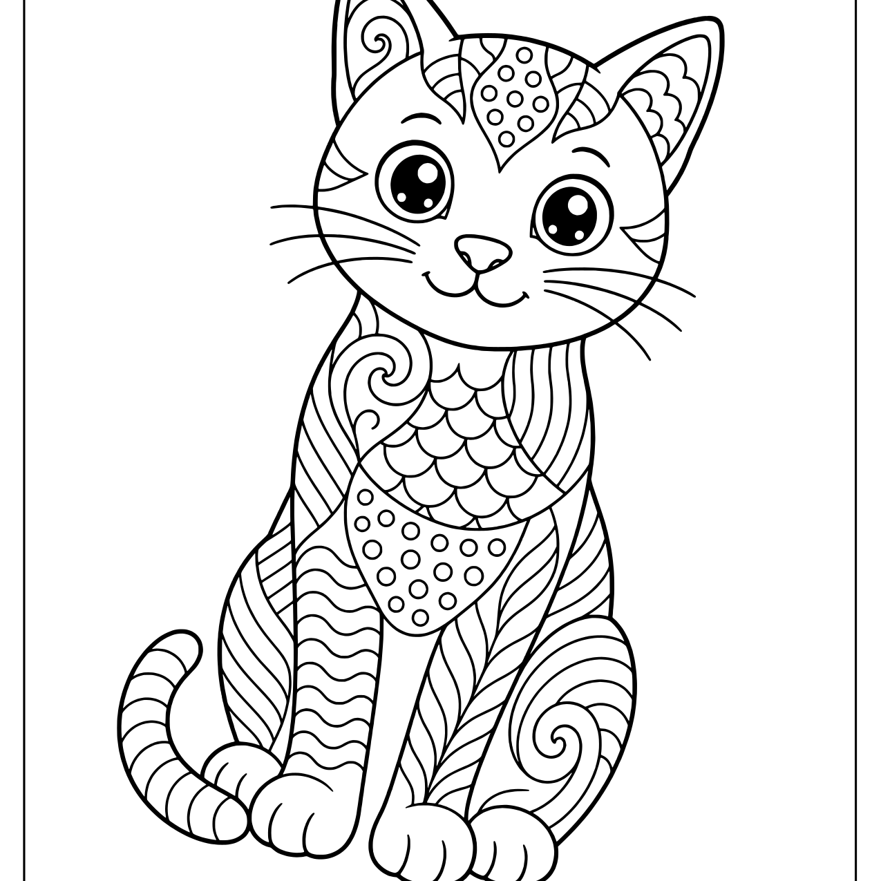 Sitting cat filled with outlined zentangle scales, swirls and stripes