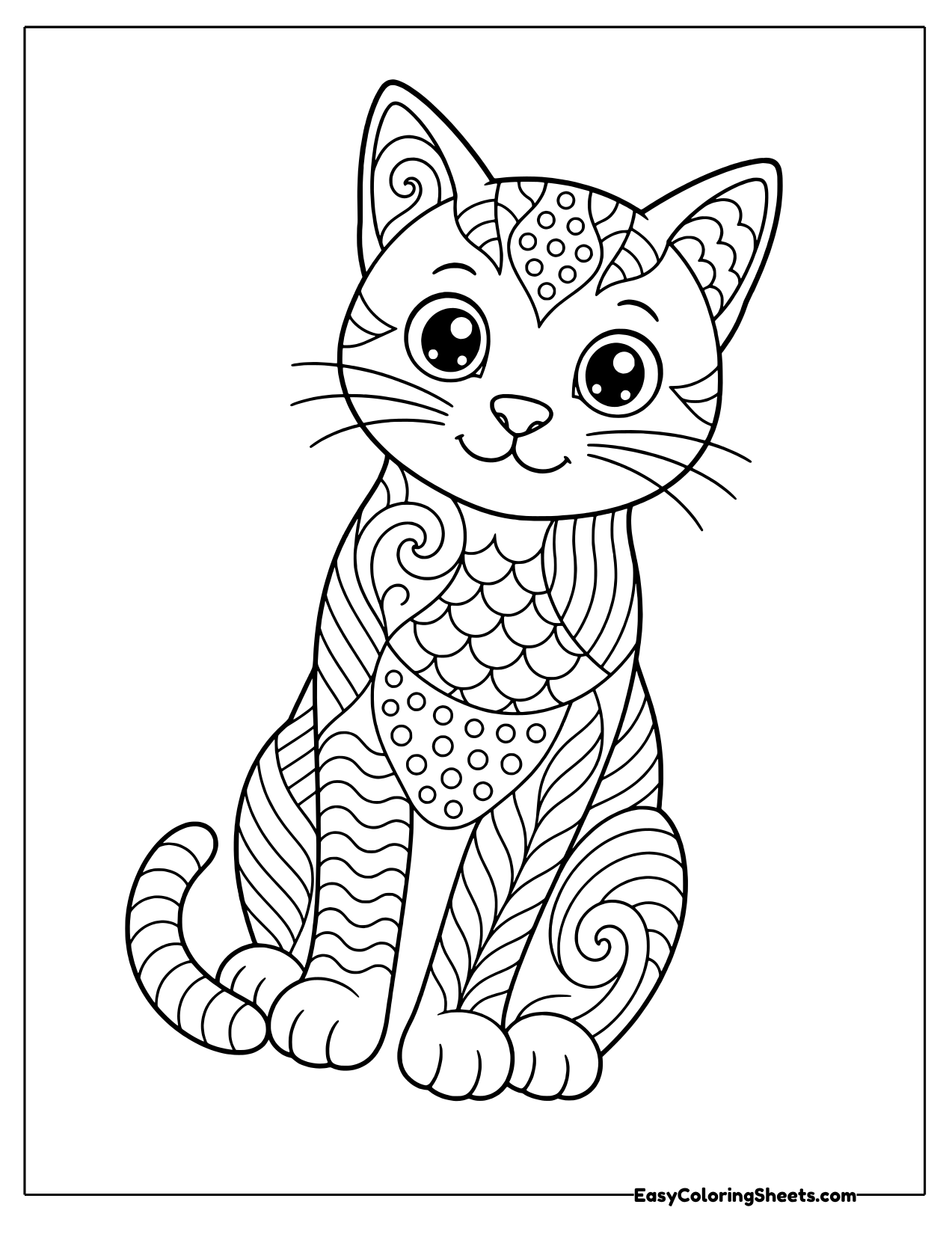 Sitting cat filled with outlined zentangle scales, swirls and stripes