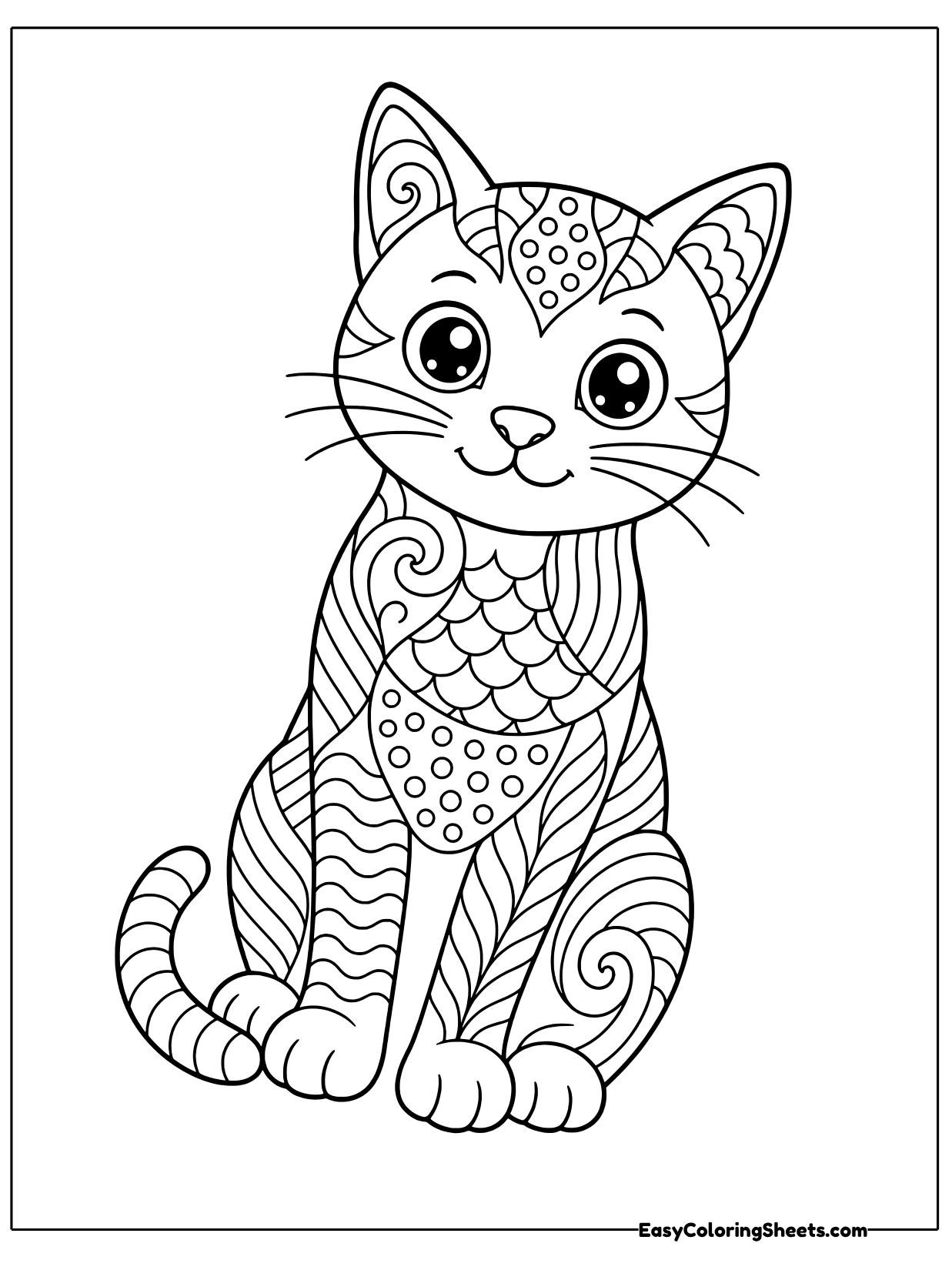 A sweet sitting cat is filled with zentangle patterns, from scales and swirls to stripes and tiny circles.