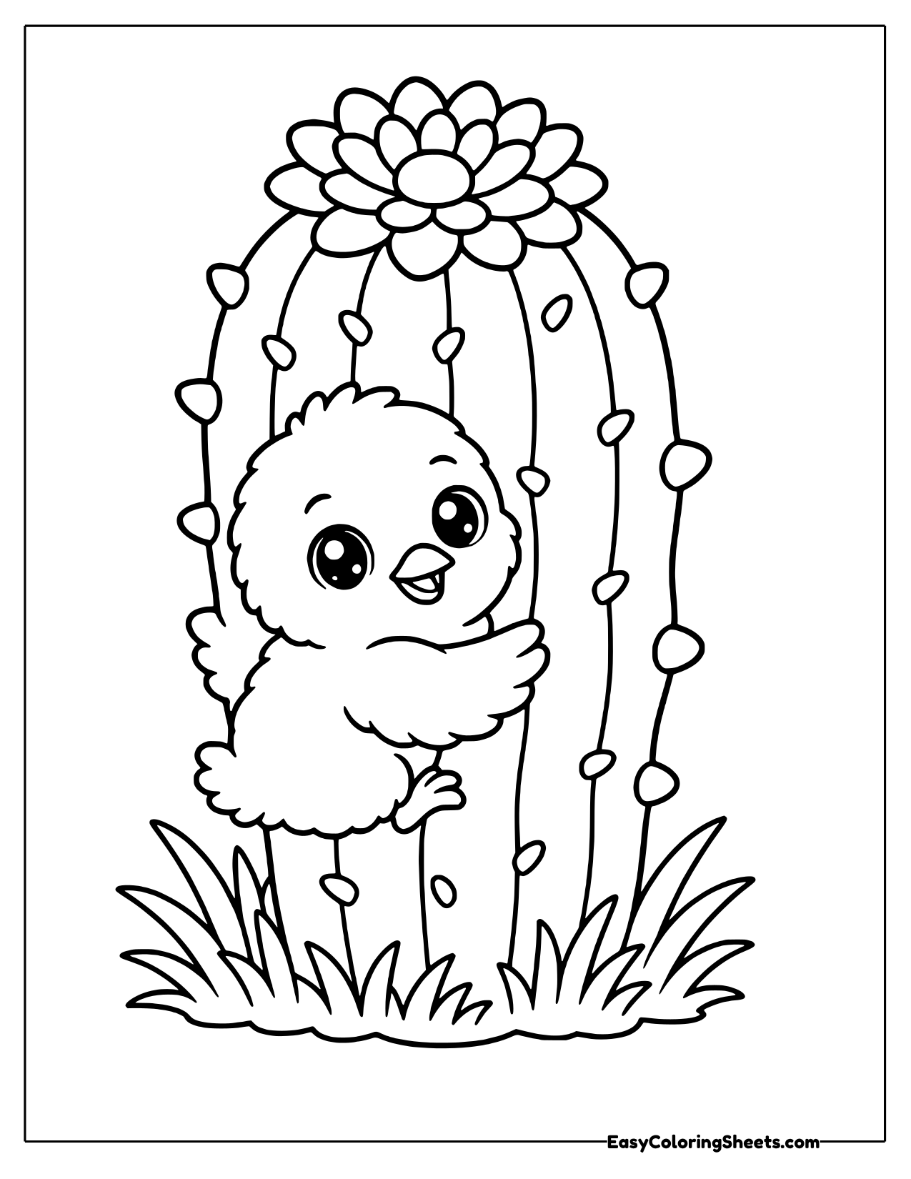 Chick climbing a tall flowering cactus