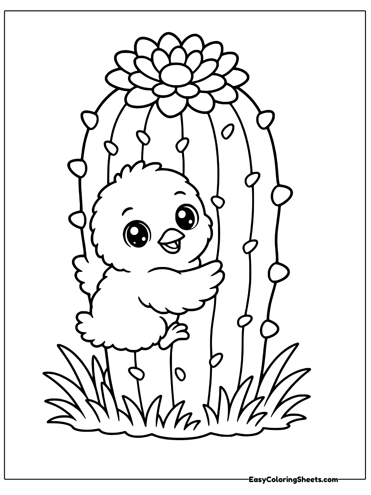 A smiling chick clings to the side of a tall cactus topped with a large flower.