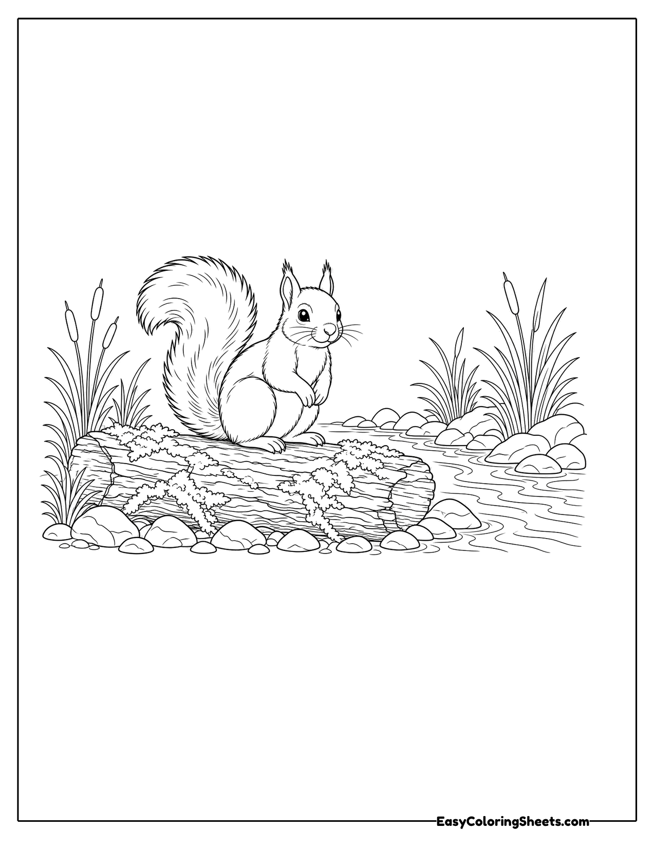 Squirrel on a log beside a stream