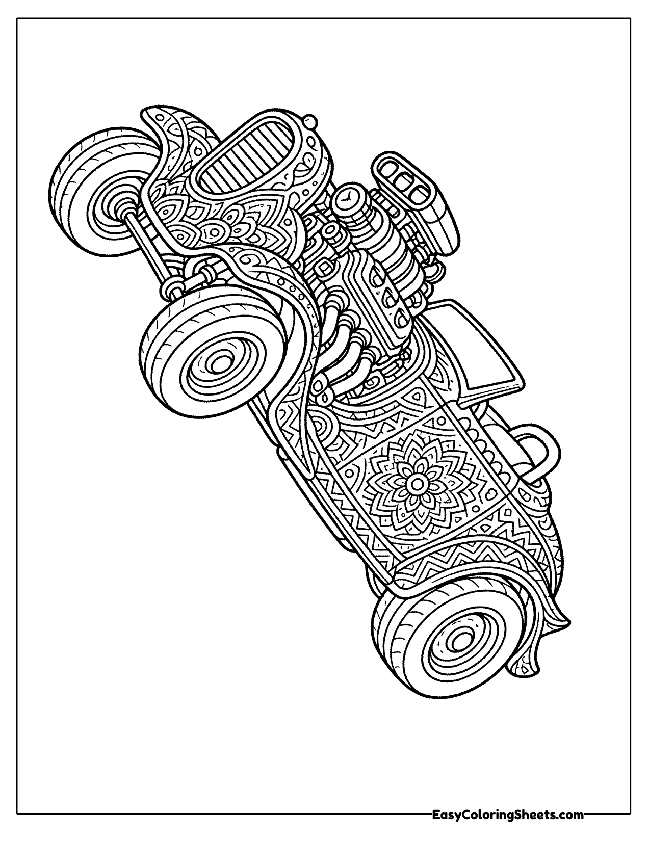 Hot rod filled with intricate mandala patterns