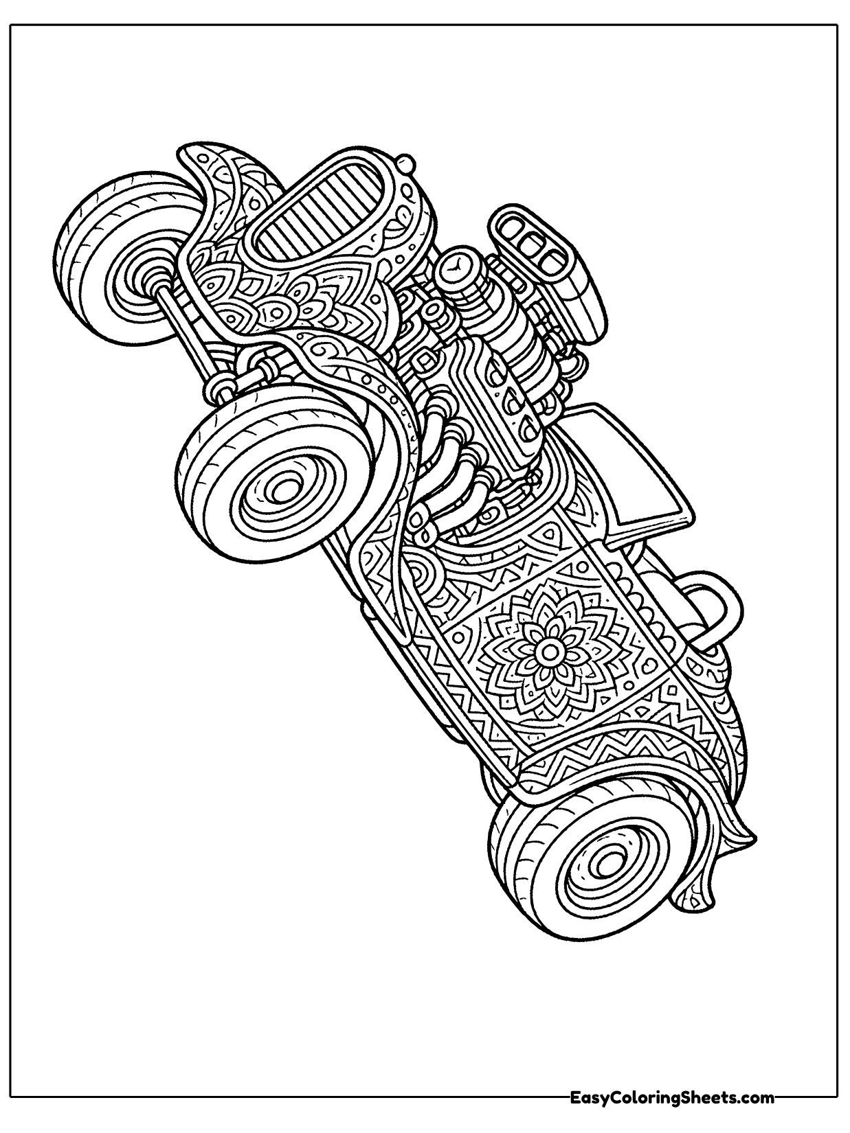 Every panel of this hot rod is filled with dense mandala swirls and lace patterns, from the hood to the doors.